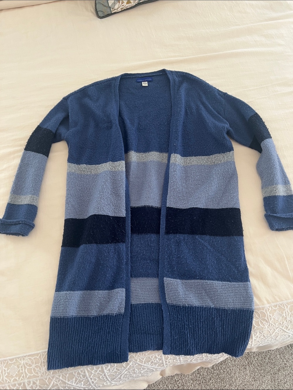 Cozy Open-Front Blue Stripe Long Cardigan Sweater